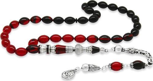 925 Ayar Gümüş Kral Püsküllü Nakkaş İmameli Süzme Kırmızı-Siyah Ateş Kehribar Tesbih