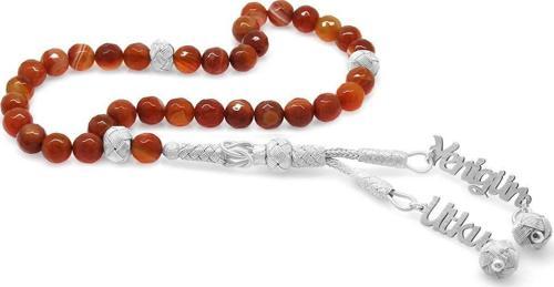 1000 Ayar Kazaz İsim Yazılı Püsküllü Fasetalı Kesim Akik Doğaltaş Tesbih