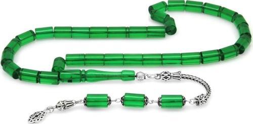 925 Ayar Gümüş Püsküllü Kesme Kesim Yeşil Ateş Kehribar Tesbih