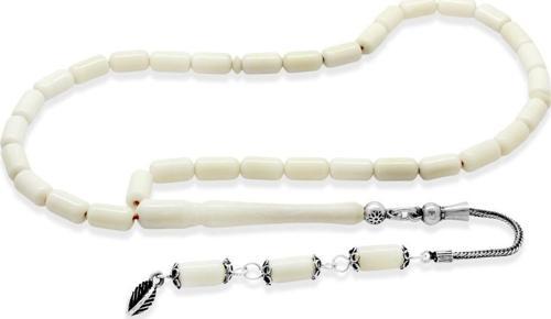 925 Ayar Gümüş Püsküllü Kırmızı İpli Uçlu Kapsül Kesim Deve Kemiği Tesbih