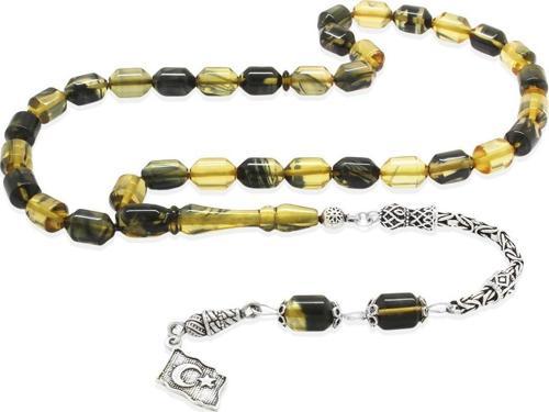 925 Ayar Gümüş Kral Püsküllü Uçlu Kapsül Kesim Siyah-Beyaz Ateş Kehribar Tesbih