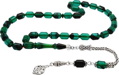 925 Ayar Gümüş Kral Püsküllü Uçlu Kapsül Kesim Turkuaz-Siyah Ateş Kehribar Tesbih