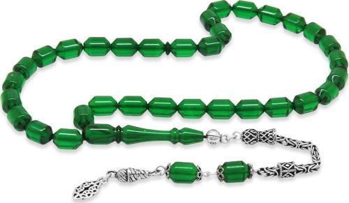 925 Ayar Gümüş Kral Püsküllü Uçlu Kapsül Kesim Yeşil Ateş Kehribar Tesbih