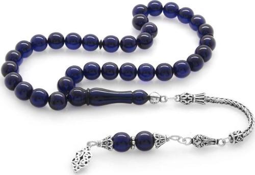 925 Ayar Gümüş Püsküllü Küre Kesim Lacivert Sıkma Kehribar Tesbih