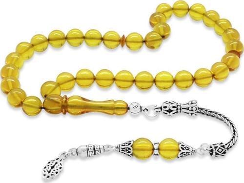 925 Ayar Gümüş Anadolu Deseni Püsküllü Küre Kesim Sarı Ateş Kehribar Tesbih