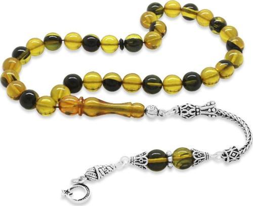 925 Ayar Gümüş Ay Yıldız Püsküllü Küre Kesim Sarı-Siyah Ateş Kehribar Tesbih