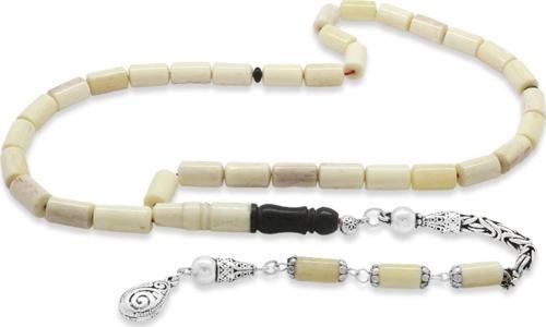 925 Ayar Gümüş Kral Zincir Püsküllü Kapsül Kesim Abanoz Kombinasyonlu Naturel Renk Deve Kemiği Tesbih