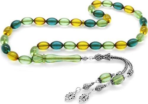 925 Ayar Gümüş Çift Püsküllü Arpa Kesim Karışık Pastel Renk Ateş Kehribar Tesbih