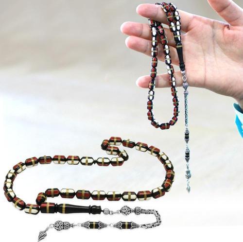 925 Ayar Gümüş Kral Zincir Püsküllü Kırmızı-Beyaz Mine Dolgulu Pirinç Sarmal Kapsül Kesim Kuka Tesbih