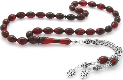 925 Ayar Gümüş Çift Püsküllü Arpa Kesim Kırmızı-Siyah Ateş Kehribar Tesbih