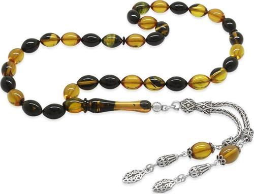 925 Ayar Gümüş Çift Püsküllü Arpa Kesim Sarı-Siyah Ateş Kehribar Tesbih