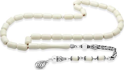 925 Ayar Gümüş Kral Zincir Püsküllü Uçlu Kapsül Kesim Naturel Renk Kırmızı İpli Deve Kemiği Tesbih