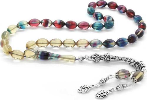 925 Ayar Gümüş Çift Püsküllü Arpa Kesim Süzme Bonibon Ateş Kehribar Tesbih