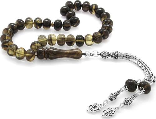 925 Ayar Gümüş Püsküllü Tekerlek Kesim Süzme Siyah-Beyaz Ateş Kehribar Tesbih