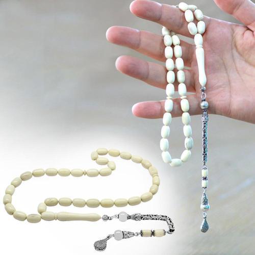 925 Ayar Kral Zincir Püsküllü Tombul Kapsül Kesim Naturel Renk Deve Kemiği Tesbih