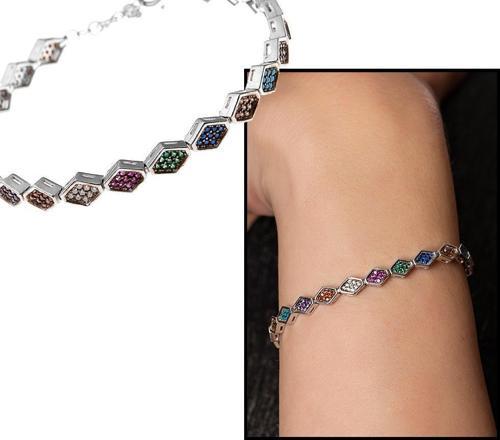 Altıgen Tasarım Multicolor Zirkon Taşlı Tam Tur 925 Ayar Gümüş Kadın Bileklik