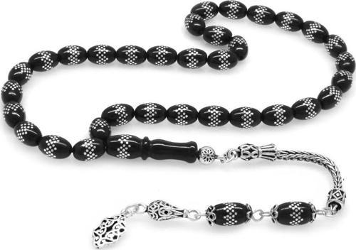 925 Ayar Gümüş Püsküllü Baklava Desenli Arpa Kesim Rus Oltu Tesbih