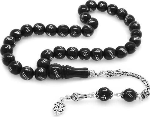 925 Ayar Gümüş Püsküllü Çift Sıra Gümüş Çakmalı Küre Kesim Rus Oltu Tesbih