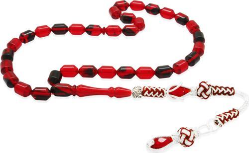 Bakır Kazaz Püsküllü Uçlu Kapsül Kesim Kırmızı-Siyah Ateş Kehribar Tesbih