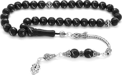 925 Ayar Gümüş Püsküllü Gümüş Hafif İşlemeli Küre Kesim Rus Oltu Tesbih