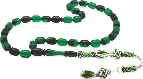 Bakır Kazaz Püsküllü Uçlu Kapsül Kesim Yeşil-Siyah Ateş Kehribar Tesbih