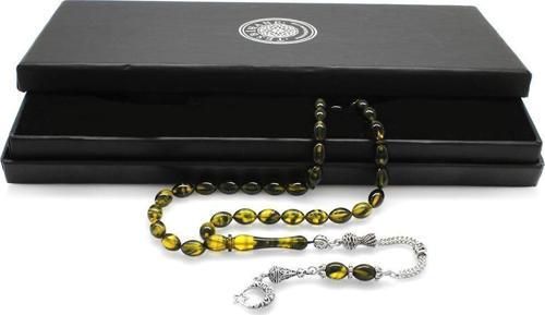 Ayyıldız Kararmaz Metal Püsküllü Arpa Kesim Sarı-Siyah Ateş Kehribar Tesbih