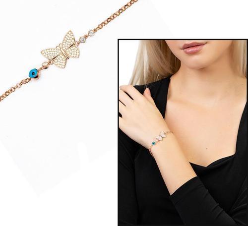 Beyaz Zirkon Taşlı Rose Renk Kelebek Tasarım Nazar Boncuğu Detaylı 925 Ayar Gümüş Kadın Bileklik