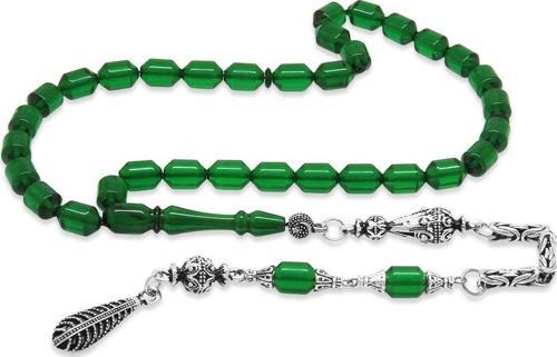Kararmaz Metal Kral Zincir Püsküllü Uçlu Kapsül Kesim Yeşil Ateş Kehribar Tesbih