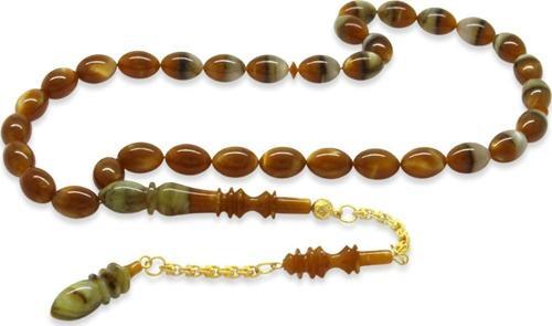 Gold Renk 925 Ayar Gümüş Püsküllü İmamesı Usta İşçilikli Arpa Kesim Sedefli Süzme Kahverengi-Beyaz Katalin Tesbih