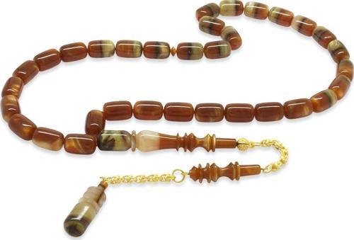 Gold Renk 925 Ayar Gümüş Püsküllü İmamesı Usta İşçilikli Kapsül Kesim Sedefli Kahverengi-Beyaz Katalin Tesbih