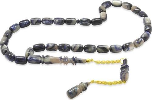 Gold Renk 925 Ayar Gümüş Püsküllü İmamesı Usta İşçilikli Kapsül Kesim Sedefli Mavi-Beyaz Katalin Tesbih