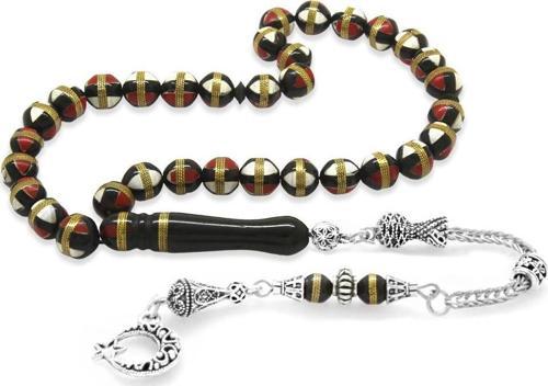 Kararmaz Metal Püsküllü Kırmızı-Beyaz Mine Dolgulu Pirinç Sarmal Küre Kesim Kuka Tesbih