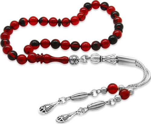 Kararmaz Metal Püsküllü Küre Kesim Bilek Boy Kırmızı-Siyah Ateş Kehribar Tesbih