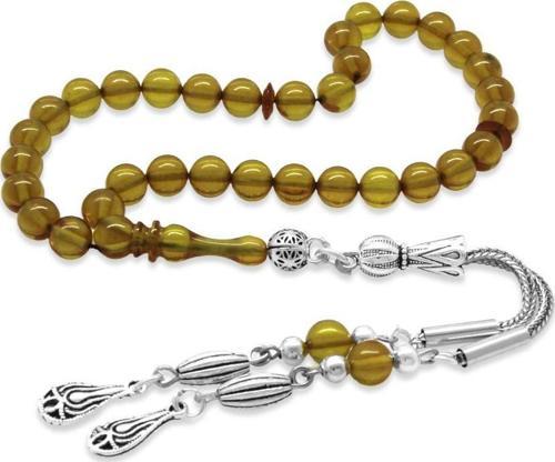 Kararmaz Metal Püsküllü Küre Kesim Bilek Boy Sarı Ateş Kehribar Tesbih