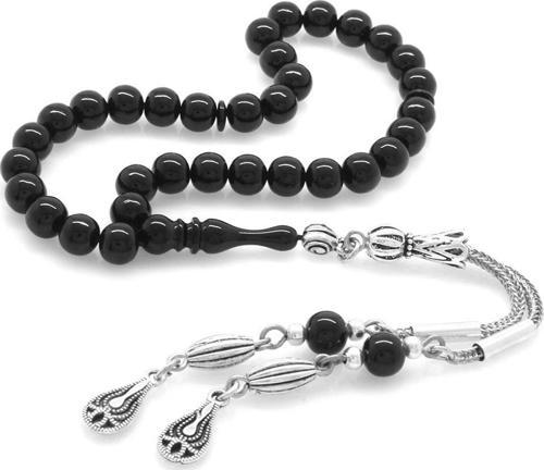 Kararmaz Metal Püsküllü Küre Kesim Bilek Boy Siyah Sıkma Kehribar Tesbih