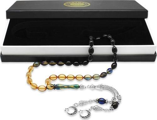 Kararmaz Metal Ayyıldız Püsküllü Arpa Kesim Süzme Mavi-Beyaz Ateş Kehribar Tesbih