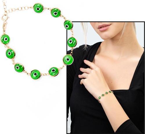 Nazar Boncuğu Detaylı Yeşil Mineli Rose Renk 925 Ayar Gümüş Kadın Bileklik