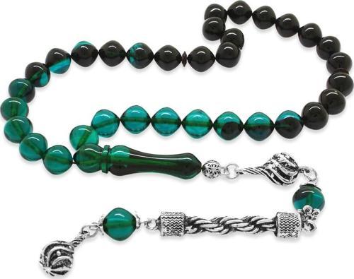 Kararmaz Metal Halat Püsküllü İstanbul Kesim Süzme Turkuaz-Siyah Ateş Kehribar Tesbih