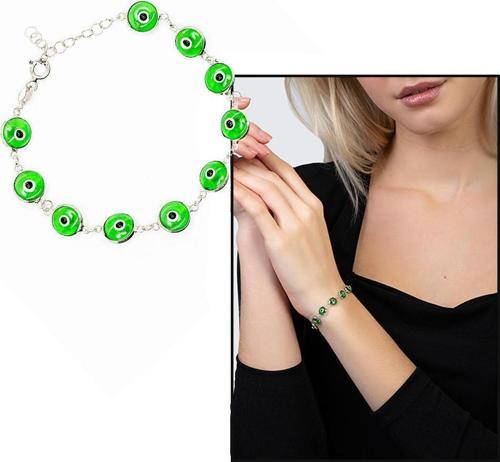 Nazar Boncuğu Detaylı Yeşil Mineli Silver Renk 925 Ayar Gümüş Kadın Bileklik