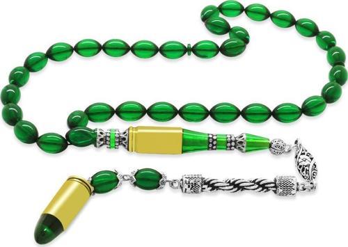 Kararmaz Metal Halat Püsküllü Kurşun Nakkaş İmameli Arpa Kesim Yeşil Ateş Kehribar Tesbih