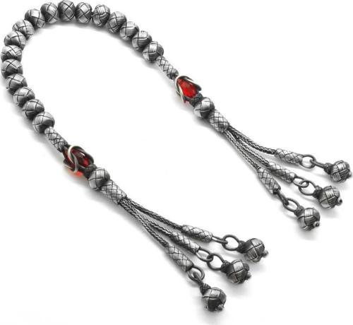 Küre Kesim Eskitme Renk Kırmızı Zirkon Taşlı 1000 Ayar Gümüş Zaza-Kazaz Tesbih