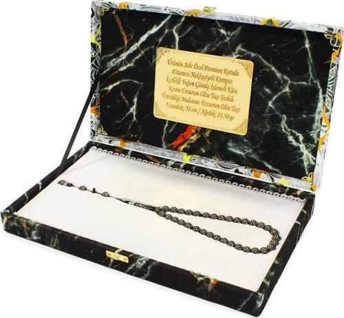 Özel Premium Kutulu Hitamesi Nakkaşiyeli Kumpas İşçilikli Yoğun Gümüş İşlemeli Küre Kesim Erzurum Oltu Taşı Tesbih