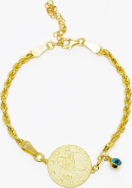 Mavi Mineli Nazar Boncuğu Detaylı Tuğra Tasarım Halat Zincirli Gold Renk 925 Ayar Gümüş Kadın Bileklik