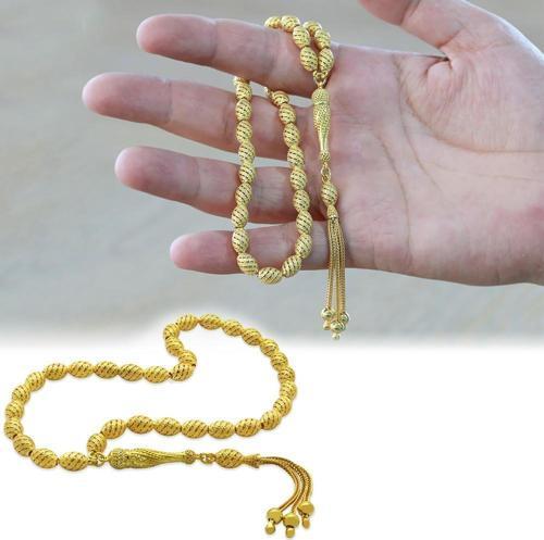 Üçlü Kamçı Püsküllü Helezon Detaylı Telkari Tasarım Arpa Kesim Gold Renk 925 Ayar Gümüş Tesbih