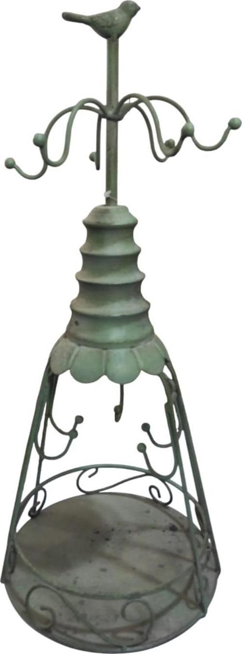 11 Askılı Kuşlu Kafes Takı Standı Düzenleyici Organizer Eskitme Yeşil Metal 44cm