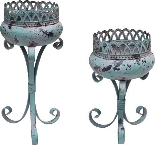 Antik Yeşil Metal Eskitme Ferforje Mumluk 28-20cm