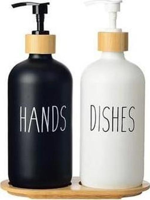 Cam Sıvı Sabunluk Deterjanlık 2li Bambu Tepsili