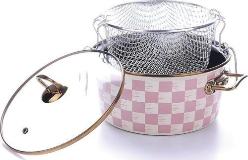 Emaye Kızartma Tenceresi 22 CM Pembe Dama Desen