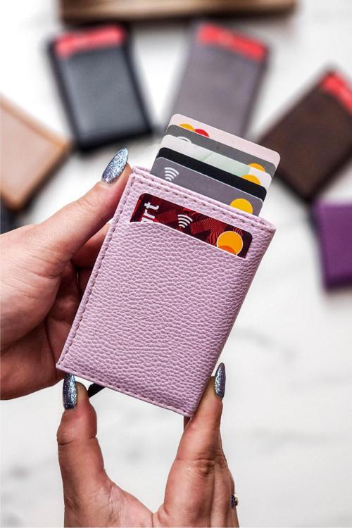 Brahma Model Unisex Vegan Deri Mekanizmalı Vegan Deri RFID Cüzdan Kartlık Portföy Lila