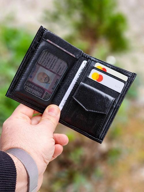 Optimum Model Orijinal Hakiki Deri Siyah Erkek Bozuk Para Gözlü Cüzdan Portföy Kartlık - Dik Model, 